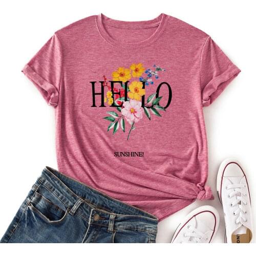 Women Short Sleeve Casual Summer T-Shirts Black Hello Flowers Graphic Tee Shirts Tops Female Clothes Shirts for Woman