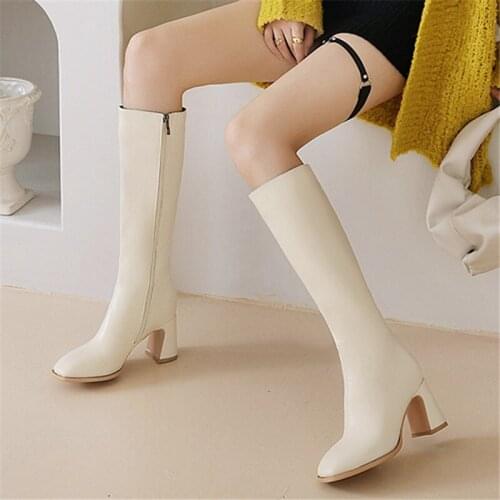 2020 new fashion autumn winter boots women square toe zip high heels shoes knee high boots women Large size 34-45