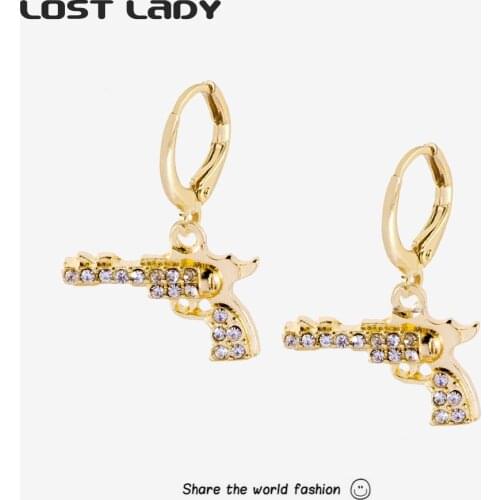 Lost Lady Fashion Punk Gun Earrings for Women Gold Color Exquisite Pistol Pendant Women Earring Rhinestone Jewelry Wholesale