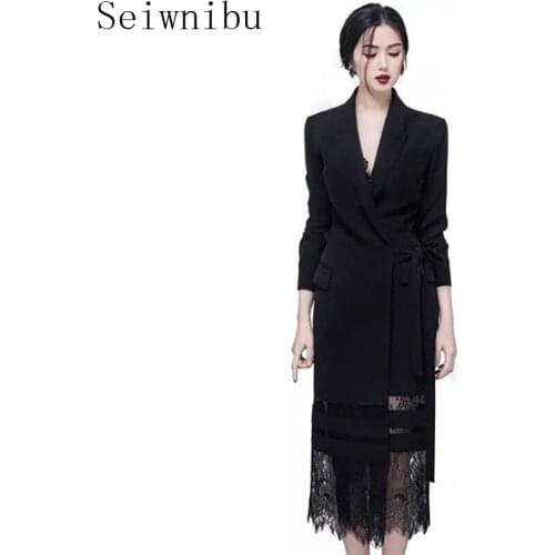 Seiwnibu Autumn Women Long Blazers 2018 Runway Designer Black Patchwork Lace Blazer Vintage Hollow Out Bow Fashion Outerwear