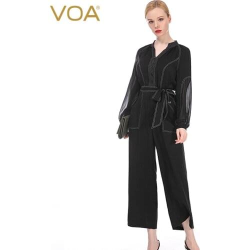 VOA 100% Silk Dobby Women Jumpsuits Tunic Summer Ankle-Length Pants KE123 V Neck Office Lady Long Sleeve Jumpsuit Spring 2021