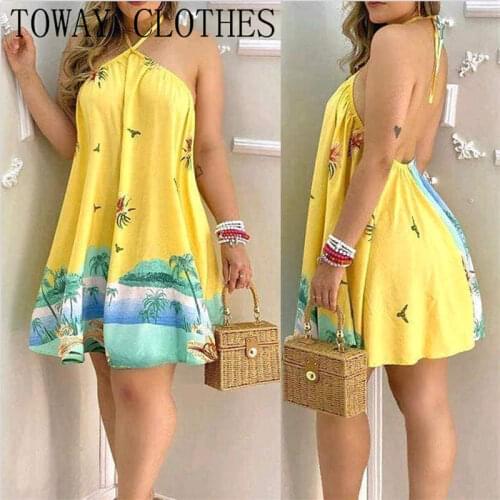 Women Sleeveless Tropical Print Halter Backless Dress Flared Daily Loose Mini Dresses