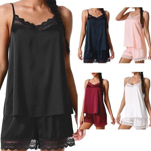 2021 Summer Satin Silky Camisole Sleepwear Elegant Vintage Sexy Lace Silk Sling Vest Pajamas Loose Casual Soft Nightwear PJs Set