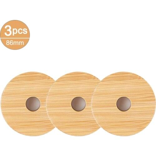 3pcs 70mm/86mm Reusable Bamboo Cap Lids With Straw Hole Seal Gasket For Mason Jars Drinking Jars Lids Covers Kitchen Accessories