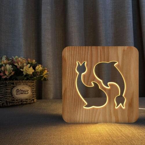 Pisces 3D Night Lamp Wooden Craftwork Wooden Head Lamp Creative Animal Table Lamp
