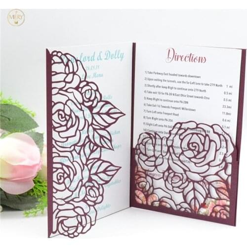 Burgundy laser cut wedding invitation card pocket fold