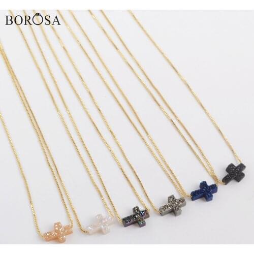 BOROSA 5Pcs Fashion 16.5inch Cross Druzy Pendant Necklace Jewelry, Rainbow Titanium Natural Druzy Adjustable Necklace G1890