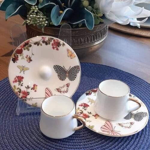 Turkish Coffee Cup Set , Arabic Coffee Set 6 Coffee Cups With Golden Butterfly Pattern, 6 Coffee Plates