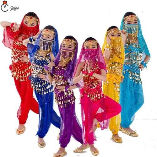 Children Belly Dance Costume Set bollywood Stage Performance Belly Dancing Clothes for girls India dance Outfit Kids top pant