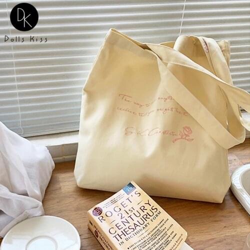Women Canvas Eco Bag Ladies Romantic Love Letter Embroidered Shoulder Bag Casual Shopping Totes Girls Large Capacity Travel Bag