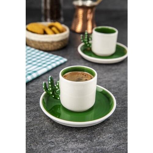 Cactus Handmade Turkish Coffee, Espresso Cup Green 2 Pieces, Gift 2 Cups