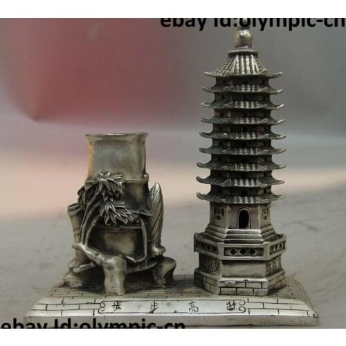 China Tibet Silver Wenchang Tower Magpie Bird Plum Pen case Brush Pot Statue