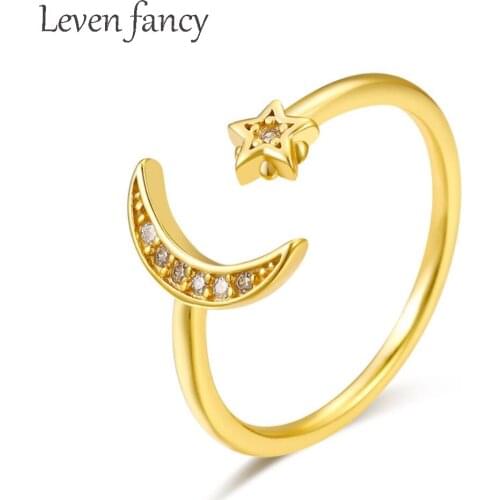 Creative Korean S925 Sterling Silver Zircon Moon and Star Boho Adjustable Open Knuckle Thumb Ring Graduation Gift