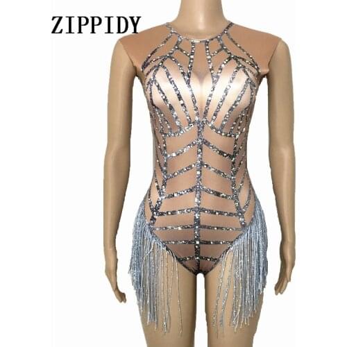 Glisten Rhinestones Silver Tassel Bodysuit Sleeveless Big Stretch Womens Party Prom Bar Outfit Stage Female Singer Show Romper