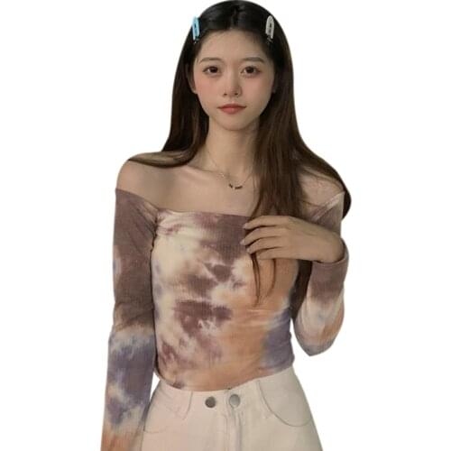 Korean Tie-Dyed Slash Neck Slim Sweet Tee Autumn Exposed Navel Long-sleeved Knitted T-shirt Top