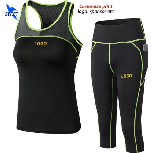 Customize Gym Fitness Sport Suit Women Stretch Yoga Set Sexy Workout Sportswear Vest+Capri Tights 2Pcs Tracksuit Running Clothes