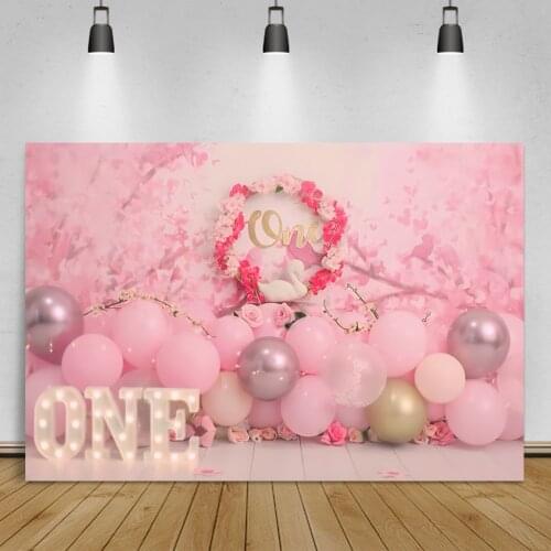 Laeacco Dreamy Pink Backgrounds For Photography 1st Princess Birthday Party Balloons Rose Flowers Party Photozone Photo Backdrop