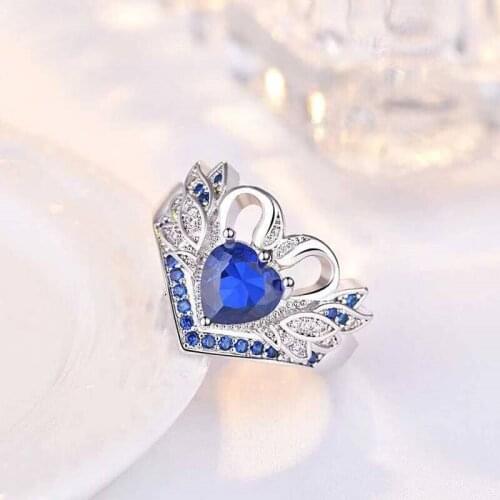 MFY Hot Sale Luxury Red Crown Small Swan Red Blue Love Heart Ring For Women Black Silver Color Female Party Ringd Jewelry Gift
