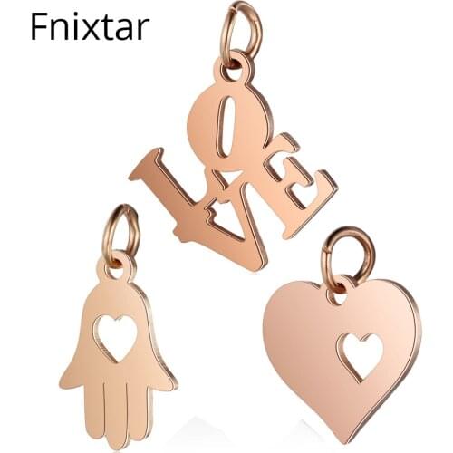 Fnixtar Handmade Stainless Steel Love Metal Pendant Charm for Jewelry Necklace Making DIY Rose Gold Color Charms 5pcs/lot