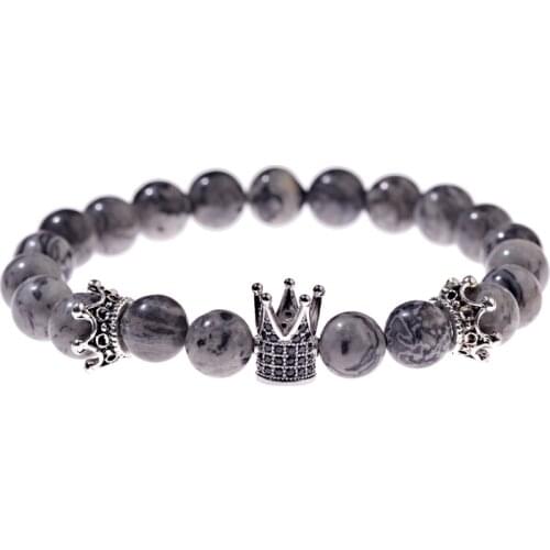 2019 Crown Black CZ Zircon Pave Lava Beaded Bracelet Men Marble Stone Bracelet Homme Adjustable Drop Shipping