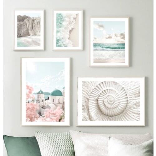 Santorini Beach Ocean Waves Sand Flower Wall Art Canvas Painting Nordic Posters And Prints Wall Pictures For Living Room Decor