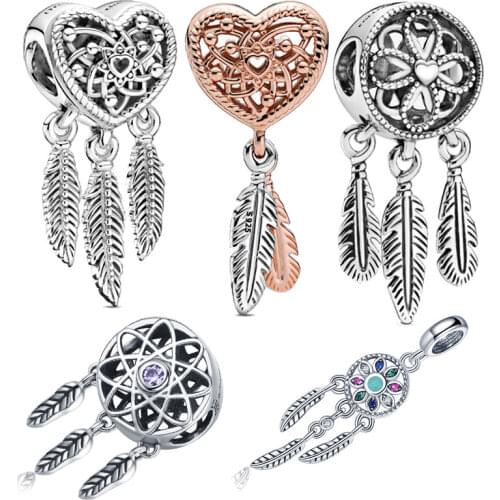2020 New 925Silver color Openwork Heart three Feathers Charm Beads Fit Original 3mm Charm Bracelet Jewelry Gift