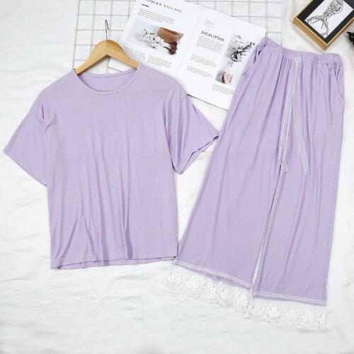 New Modal Loungewear Pajamas Women Short Sleeve Cropped Trousers Summer Sleepwear Set Lace Pyjamas Female Nightwear Pijama Suit