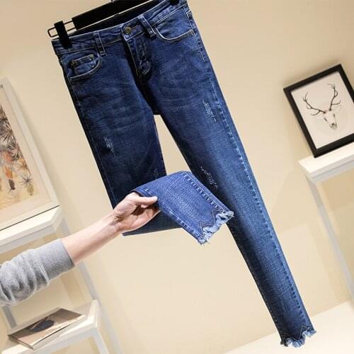 Herfst Bekrast Hoge Taille Skinny Vrouwen Jeans Enkellange Ruwe Rand Stretch Potlood Broek Vrouwelijke Plus Size Elastische Deni