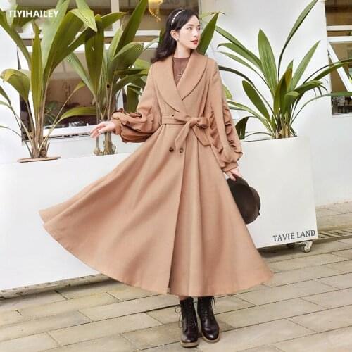 Free Shipping Boshow Long Mid-calf Autumn Winter Vintage Trench Dresses Women Outerwear S-L Lantern Sleeve Turn Down Collar Wool