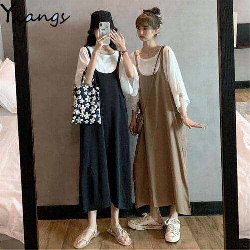 Plus Size Casual 2Pcs Set Suspender Long Dress +Boyfriend Loose Chiffon T-Shirt 2021 Oversize Women Summer Wild Fashion Mom Suit