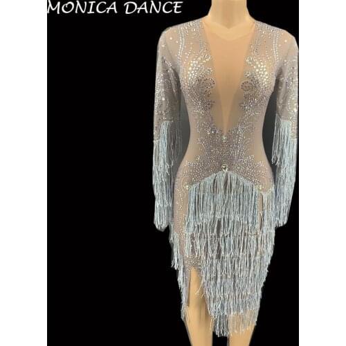 Sexy Stage Mesh Transparent Silver Rhinestones Tassel Dress See Through Sleeveless Crystals Stretch Dress Celebrate Sexy Costume