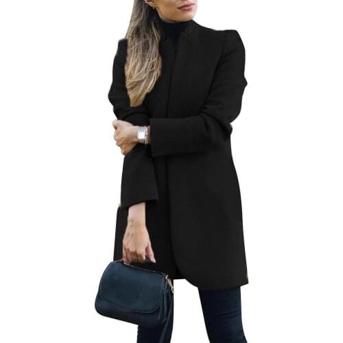 Woolens Overcoats Women Autumn Winter Stand Neck Long Sleeve Pockets Thin Wool Coats Casual Female Office Work Jackets Plus Size