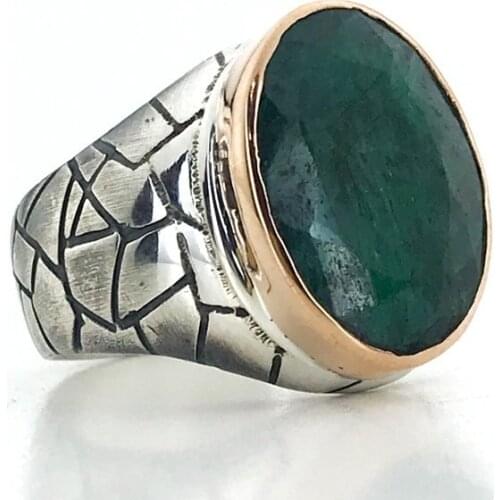 Special Series Handwork Natural Emerald Stone Sterling Silver Mens Ring
