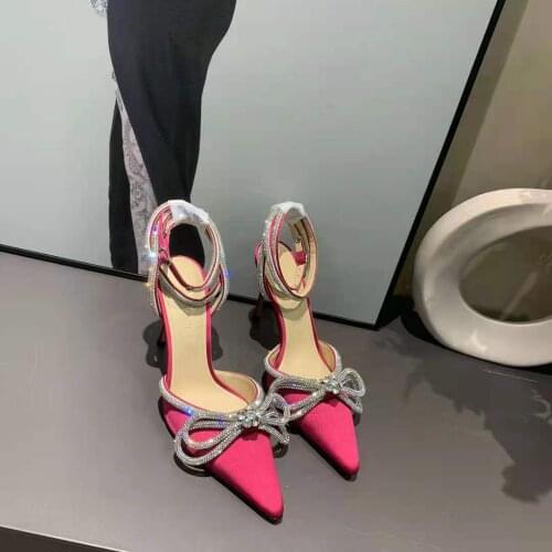 Wedding Shoes Double Crystal Bow Pointed Toe Pumps Satin Silk High Heels Party