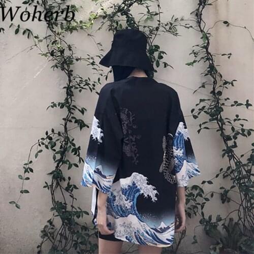Woherb Plus Size Tops Kimono Cardigan Women Men Summer Harajuku Blouse 2021 New Style Shirt Print Vintage Blusas 20987