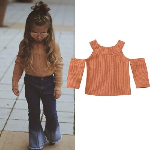 Toddler Baby Girl Off-shoulder Knitwear Hairball Knit Sweater Top Solid Color Long Sleeve Round Collar Baby Clothing