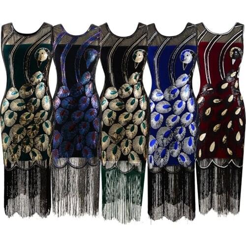 Vintage Sequins Dress 1920S Tassels Peacocks Pattern 5 Colors Fashion Sleeveless Banquet Temperament Sexy Slimming Evening Dress