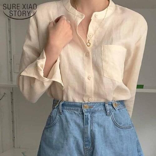 Korean Office Lady Shirt 2021 Spring O-neck Button Up Pocket Casual Blouse Women Solid Vintage Cotton and Linen Tops Blusa 12640