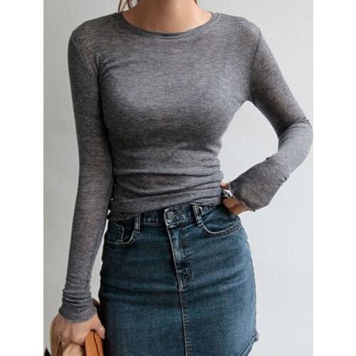 Female Casual Tops Long Sleeve Sexy Thin T-Shirt See Through Slim High Quality Plain T Shirt Women Cotton Elastic Basic T-Shirts