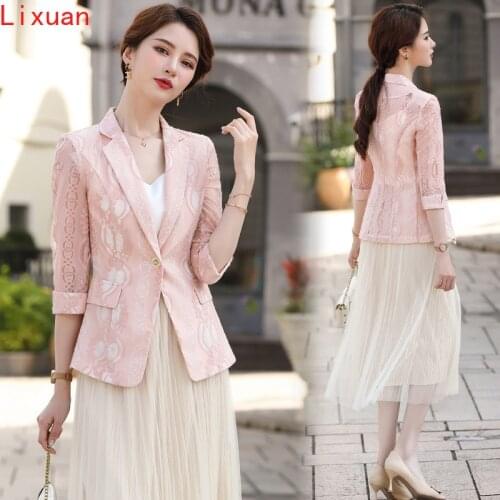 2021 spring and summer suit womens lace cardigan medium sleeve pink Korean womens jacket color womens suit jacket