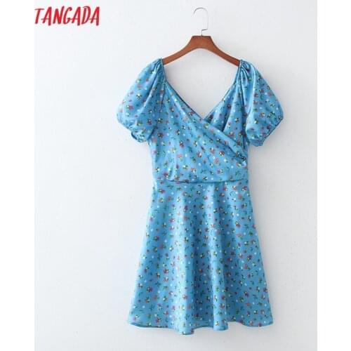 Tangada 2021 Summer Women Flowers Print Backless Dress Puff Short Sleeve Ladies Sundress 1D305