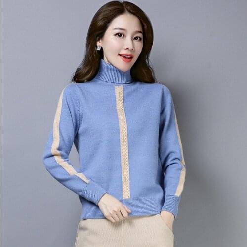 Autumn Winter Women Knitted Sweater Turtleneck Long Sleeve Stripe Pullover Sweaters Female Fashion Bottom Jumper Tops H9265