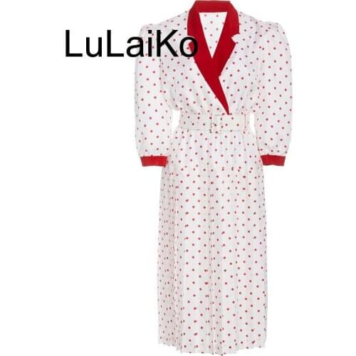 Holiday Elegant Retro Red Polka Dots Contrast V Neck Bubble Sleeve Belt White Satin Dress Women Runway Vintage Party Clothes