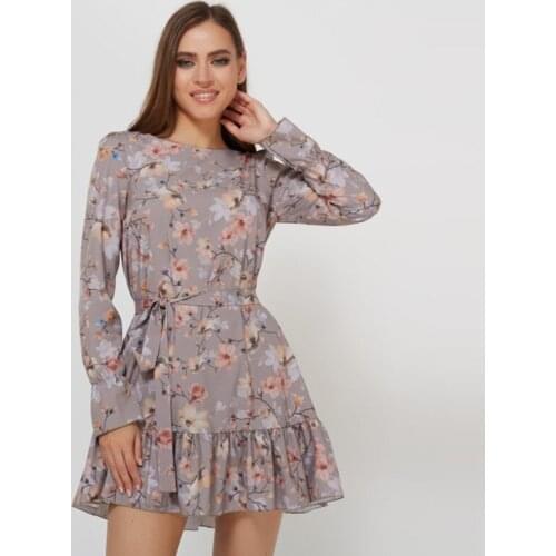 Shyloli Women Dress Solid/Flora/Polka Dot Print Mini Dresses Flare Sleeves Women Vintage Party Vestidos Ruffles Hem Belt Robe