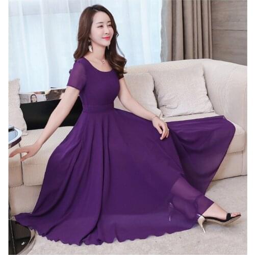 2020 Hot selling girls fashion summer design chiffon soft dresses purple women casual slim elegant nice pink dress big size #A86