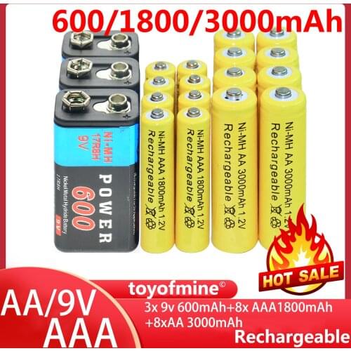 3x 9V 600mAh + 8x AAA 1800mAh + 8x AA 3000mAh 1.2V NI-MH rechargeable battery Batteries cells for toys yellow