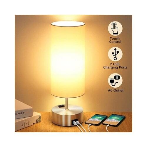 Touch Coutrol Dimmerable with 2 USB Charging Ports and 1 AC Outlet US Plug in 5V/2.1A E26 LED 2700K White TC Cloth Table Lamp