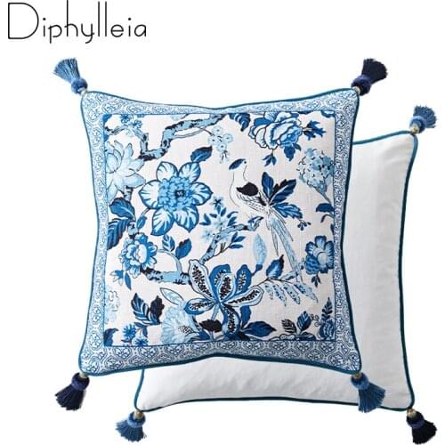 Diphylleia Designer Cushion Cover Pillow Case Vintage Chinese Style Blue White Porcelain Birds Flora Coussin Art Room Decorative