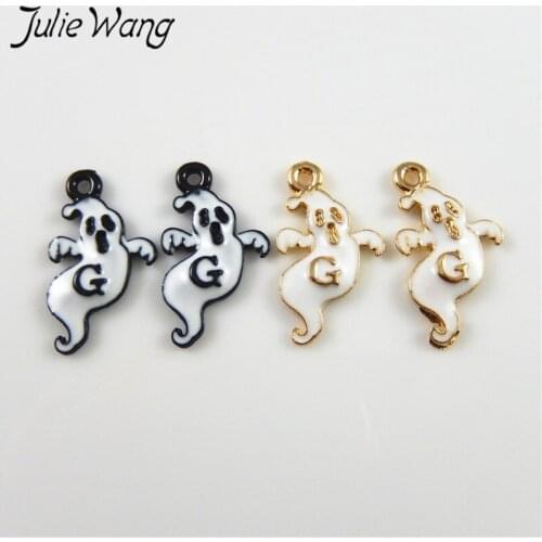 Julie Wang 15pcs Black or Gold Color Based Ghost Shape With Alphabet G Enamel Alloy Charms DIY Halloween Decoration Findings
