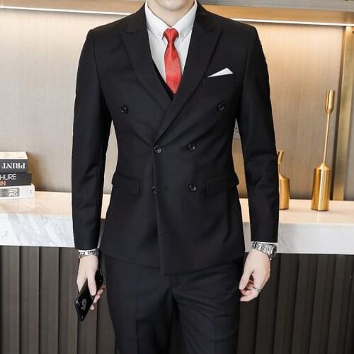 Boutique Fashion Design Double Breasted Mens Suits Three Pieces Slim Fit Casual Tuxedos For Wedding (Blazer+Vest+Pants)